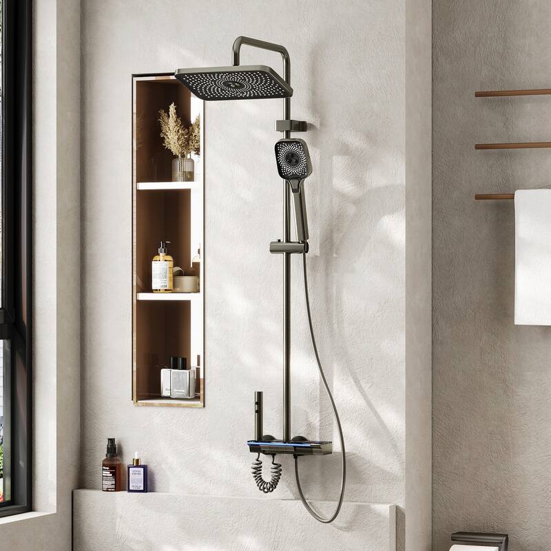 Thermostatic Shower System with Rainfall Shower Head, Adjustable Height Wall Mounted Shower Set