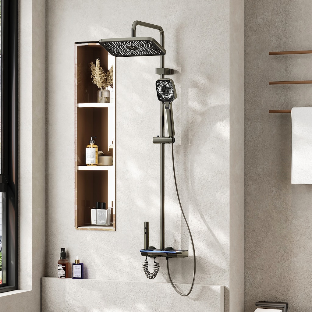 Thermostatic Shower System with Rainfall Shower Head, Adjustable Height Wall Mounted Shower Set