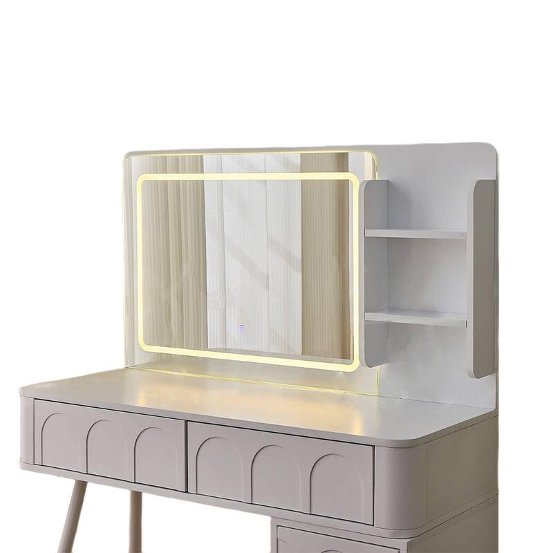 Modern Makeup Vanity Desk with LED Lights & Mirror, Extendable Dressing Table Set with Stool, 4 Drawer & Side Cabinet