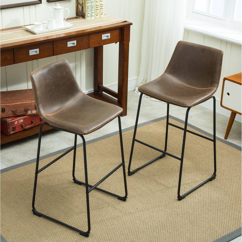 Vintage PU Leather Bar Stools with Footrest, Set of 2