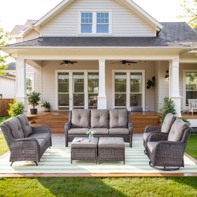 Outdoor Sofa with 2 Swivel Chair and Glider Sofa - Grey cushion - Brown - Grey - Brown