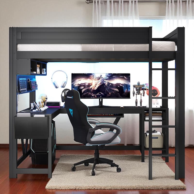 Full Size Wood Gaming Loft Bed with Desk, LED Shelves, Charging Station, Storage Shelf and Guardrails