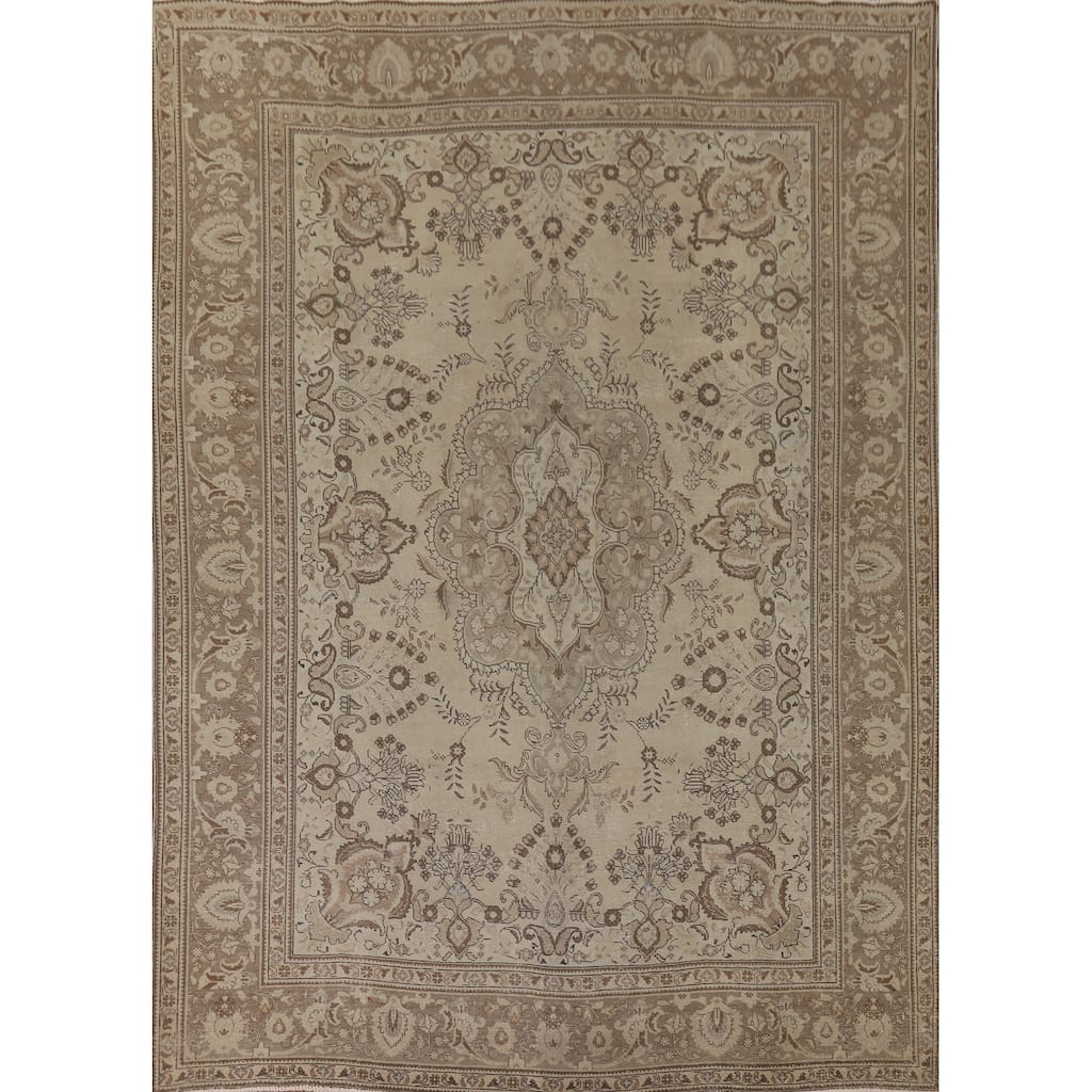 Tabriz Vintage Persian Area Rug Handmade Traditional Beige Wool Carpet - 9'5" x 12'4"