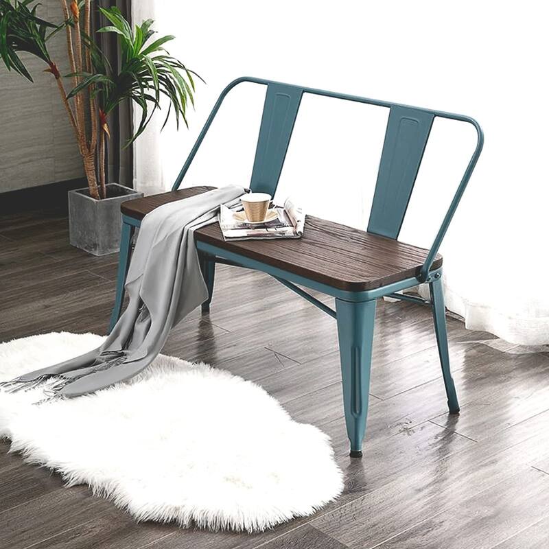 EROMMY 42in Metal Bench Industrial Mid-Century 3 Person Chair with Wood Seat, Dining Bench with Floor Protector - 42"