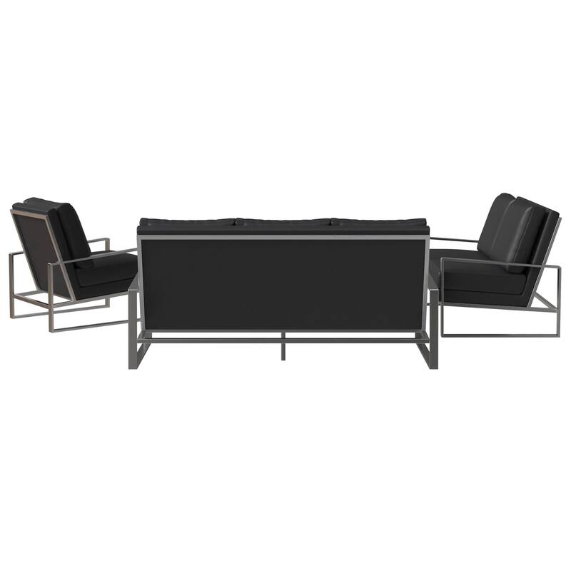 3-Piece Leather Sofa Set Brushed Stainless Steel Base and Removable Cushions