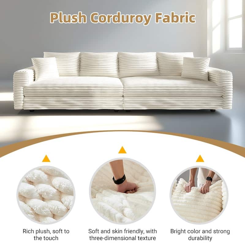 102.4 " Modern Plush Corduroy 4-Seat Sofa with Soft Pillows and Movable Ottoman