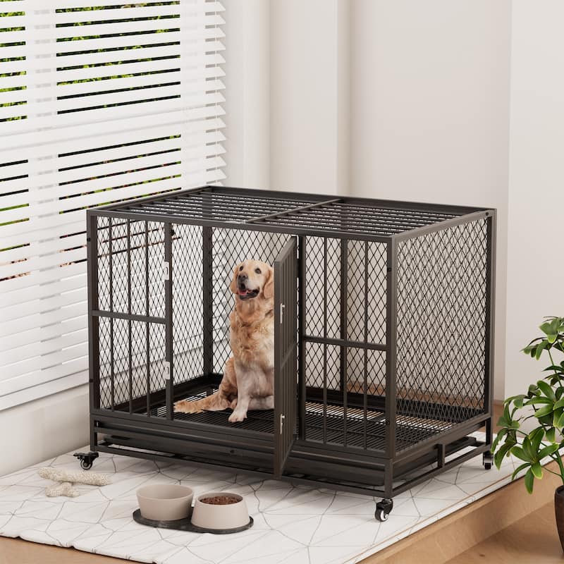 EROMMY Heavy Duty Dog Crate Furniture, Indoor Dog Kennel with Metal Mesh, Removable Tray & Lockable Wheels.