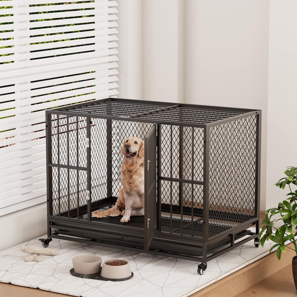 EROMMY Heavy Duty Dog Crate Furniture, Indoor Dog Kennel with Metal Mesh, Removable Tray & Lockable Wheels.