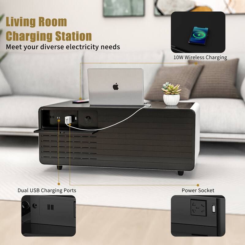 Modern Smart Coffee Table with Builtin Fridge, Wireless Charging