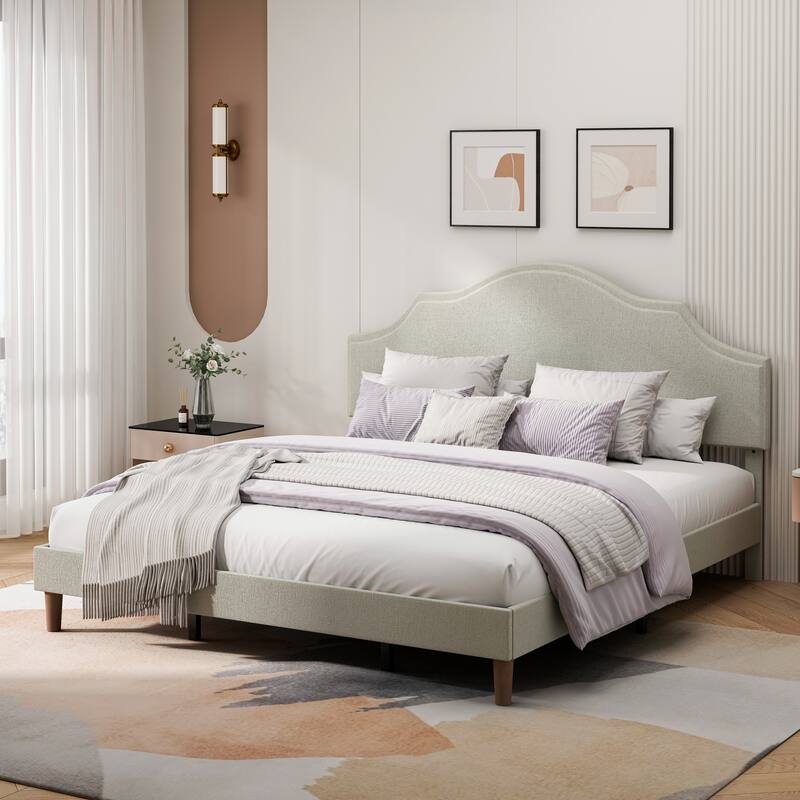 King Size Upholstered Platform Bed with Adjustable Headboard, Linen Fabric, Modern Design, Easy Assembly, Beige