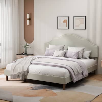 Upholstered King Size Platform Bed with Adjustable Headboard