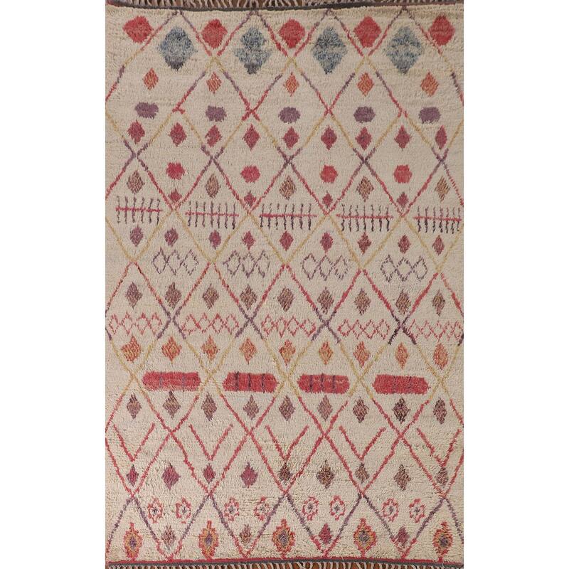 Tribal Moroccan Area Rug Handmade Beige Wool Carpet - 7'0" x 10'4"