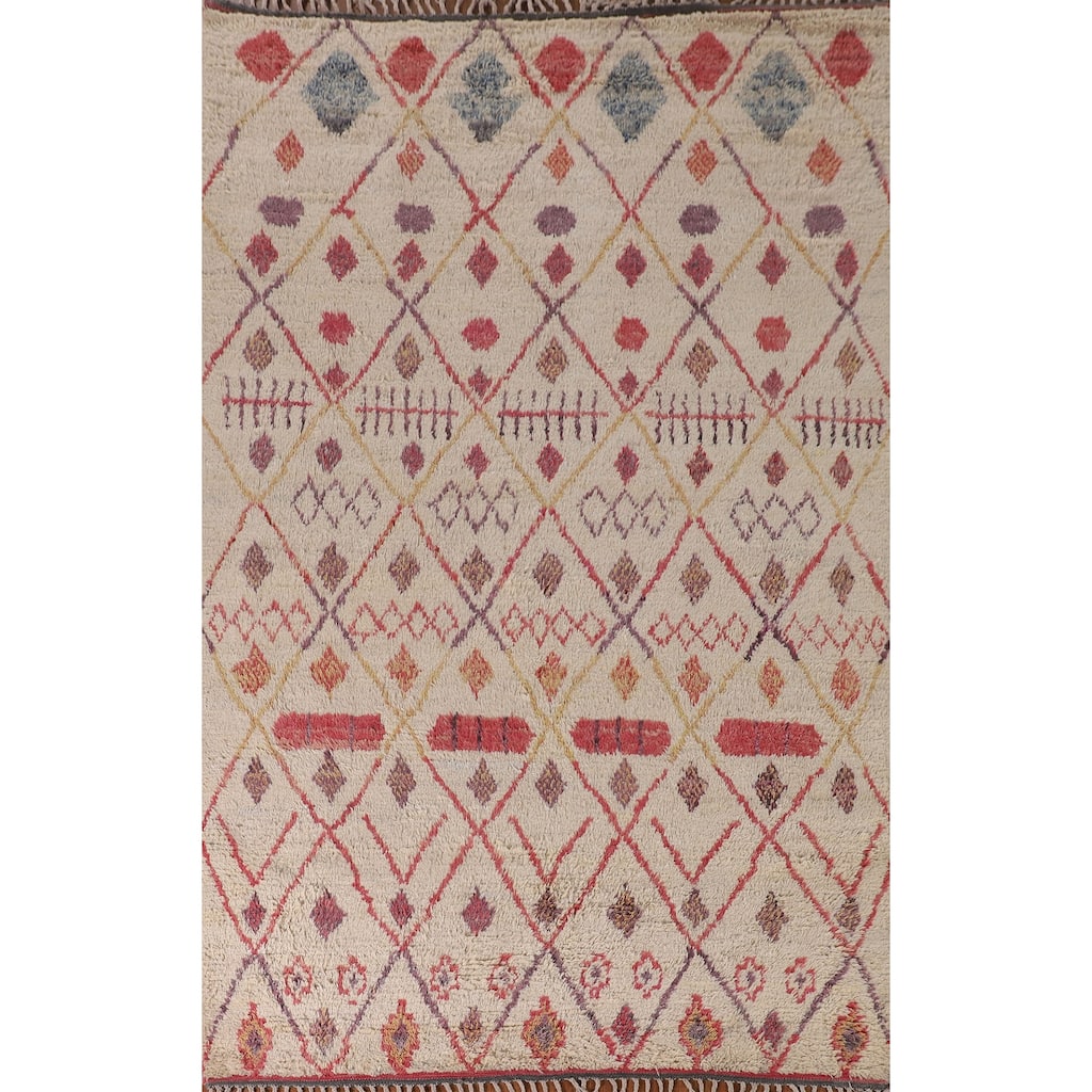 Tribal Moroccan Area Rug Handmade Beige Wool Carpet - 7'0" x 10'4"
