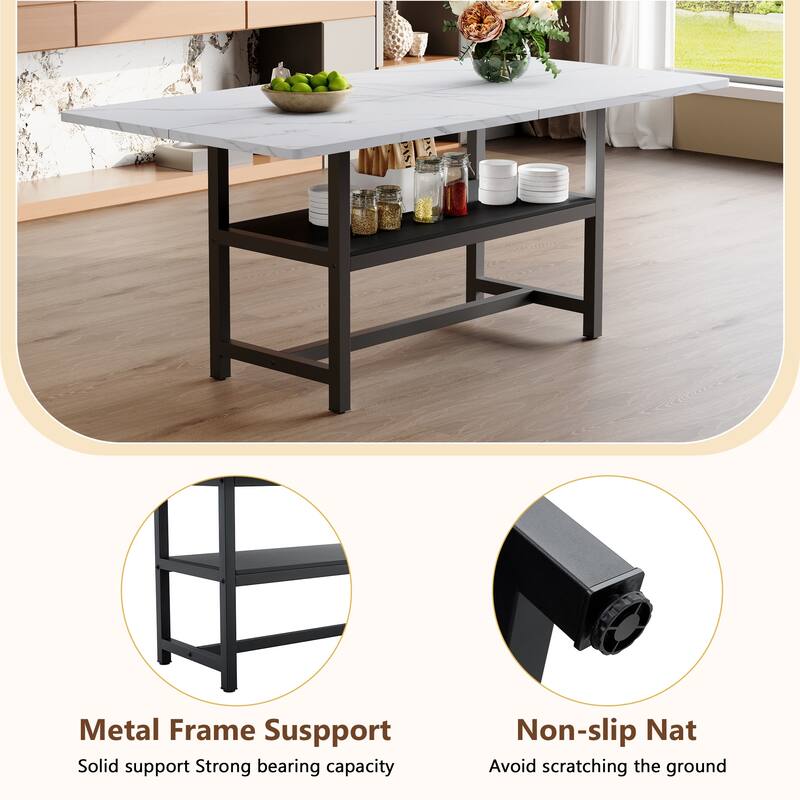 Extra Long Dining Table with Under Table Storage Shelf Black MDF Top Metal Legs Modern Design