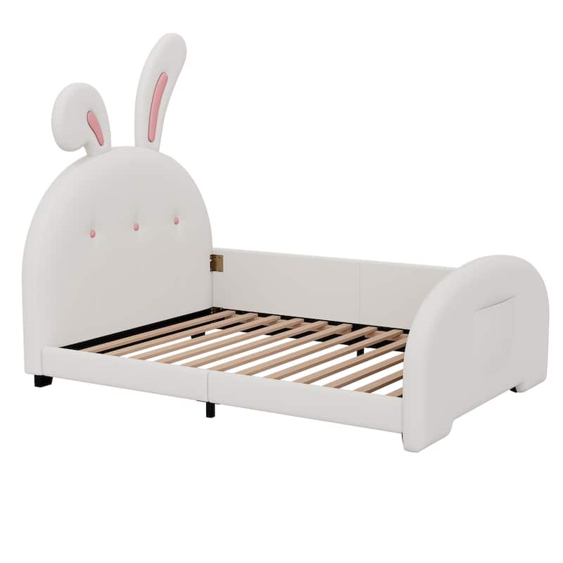 White PU Upholstered Rabbit-Shape Princess Bed with Unilateral Safety ...