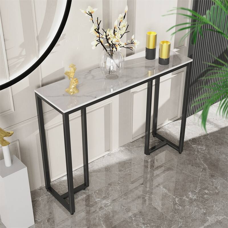 UNHO Modern White Marble Sofa Table with Metal Legs Console Table