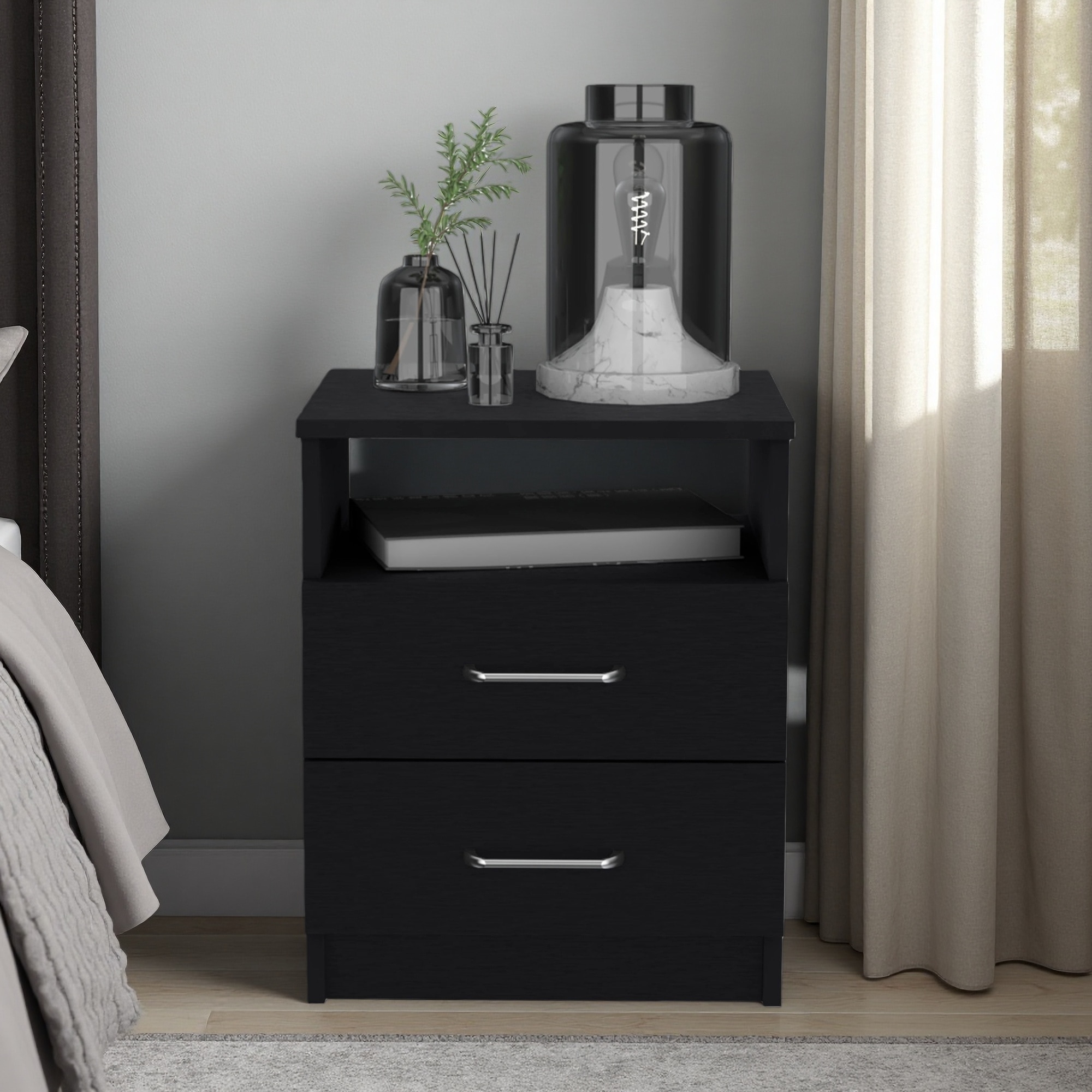 16"L Engineered Wood Nightstand with 2 Drawers, 1 Open Shelf and Superior Top, Smooth Metal Hardware