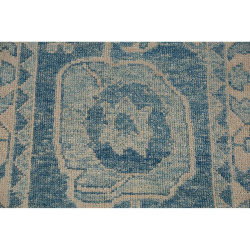 Hand Knotted Oriental 100% Wool Carpet Transitional Geometric Navy Blue & Blues Oushak Runner Rug - 18' 8'' X 3' 2''