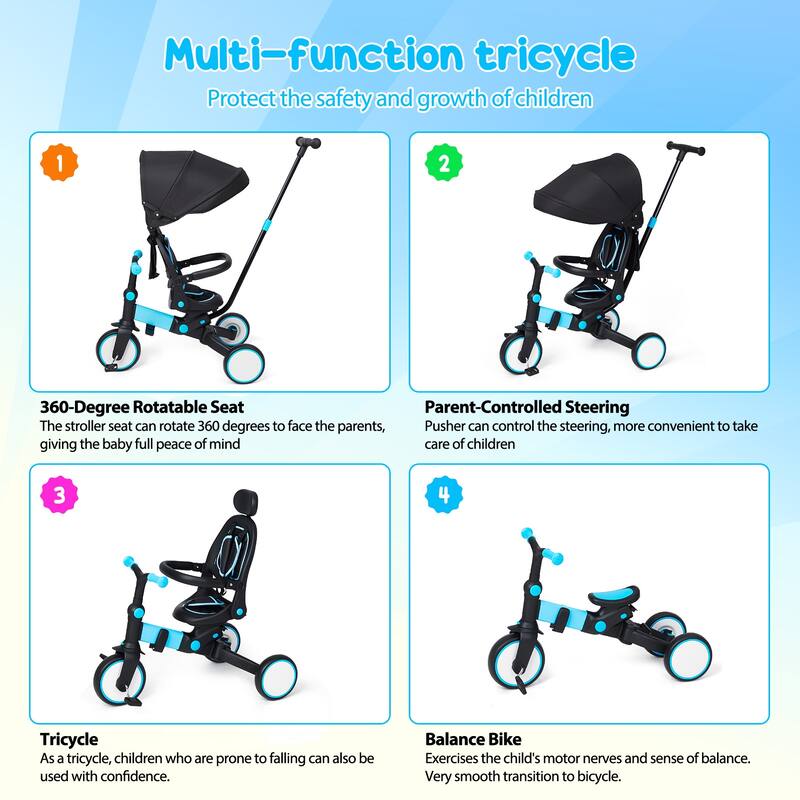 7 in 1 Baby Tricycle Foldable Toddler Tricycle with Removable Handle
