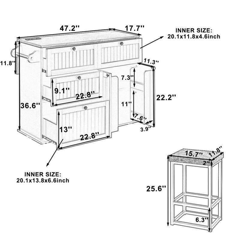 Roomfitters Farmhouse Kitchen Island Cart with Drop Leaf and 2 Stools, Power Outlet and Storage