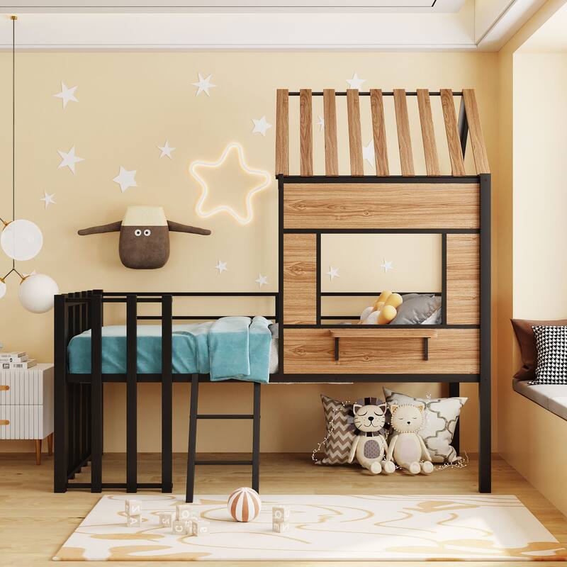 Metal Loft Bed with Roof, Window, Guardrail, Ladder - Black