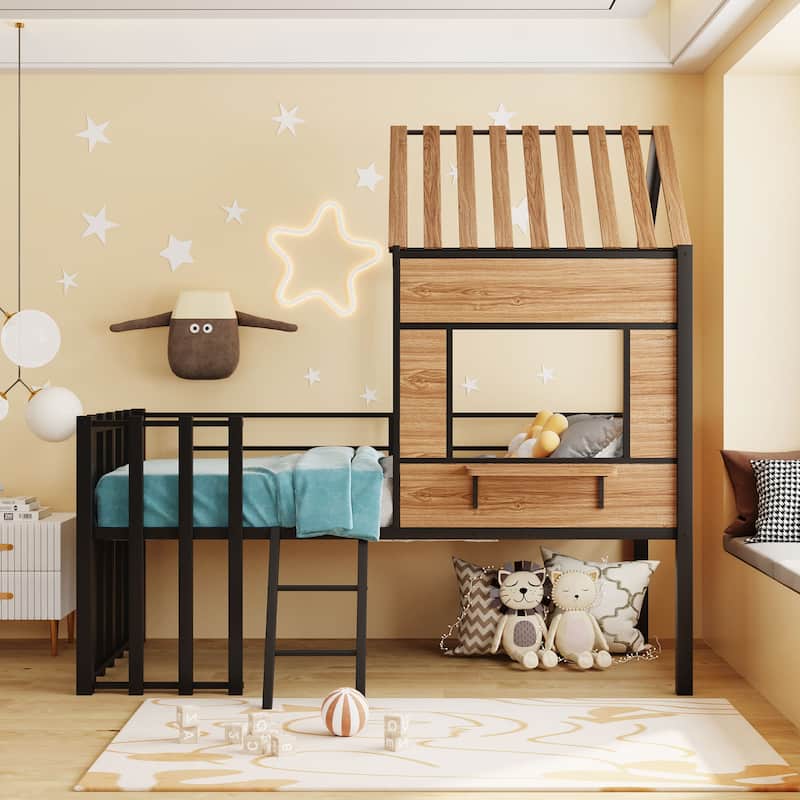 Metal Twin size Loft Bed with Roof, Window, Guardrail
