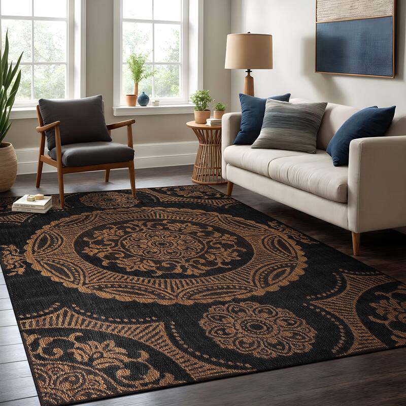 Beverly Rug Blue Medallion Indoor Outdoor Rug, Outside Carpet for Patio, Deck, Porch