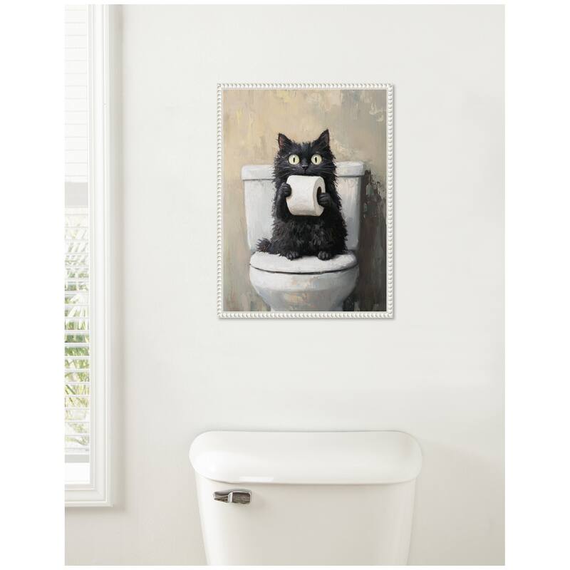 Kate and Laurel Sylvie Funny Black Cat Toilet Paper Roll Toilet Bathroom Art Framed Canvas by The Creative Bunch Studio