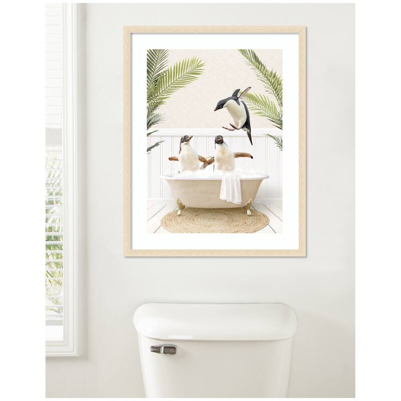 Kate and Laurel Penguins in Palms Bath by Amy Peterson Framed Wall Art Print