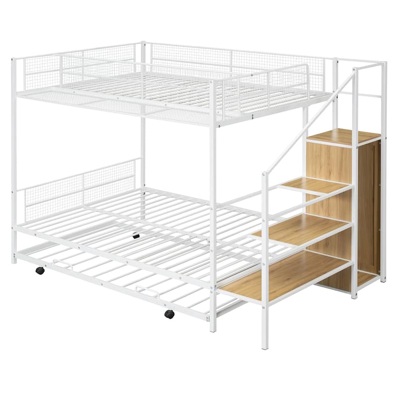 White Twin over Full Size Metal Bunk Bed with Trundle and Lateral Storage Ladder and Wardrobe