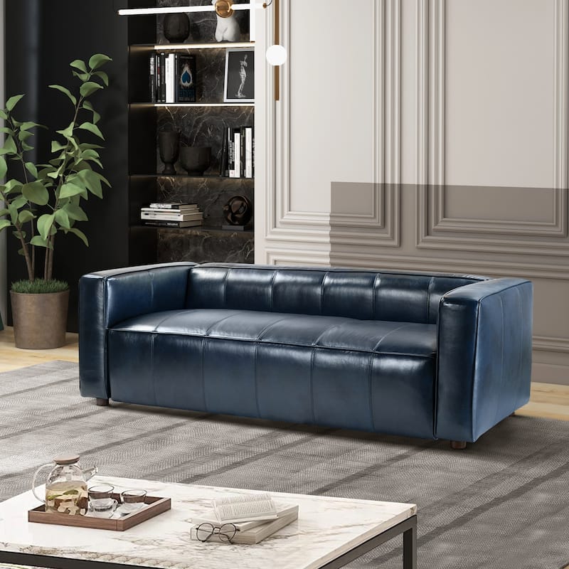 Donia Mid-Century Modern Leather 82" Curved Sofa with Wooden Legs by HULALA HOME