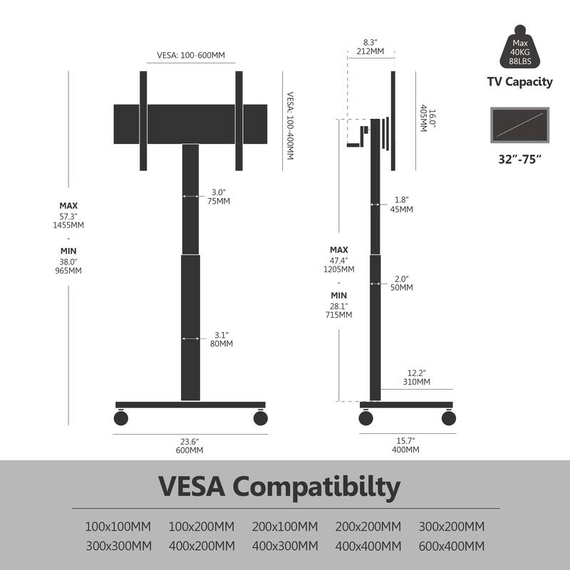 FITUEYES Rolling TV Stand with Stepless Lift for 32-75 Inch TVs, Swivel and Tilt, Hold up to 88 lbs