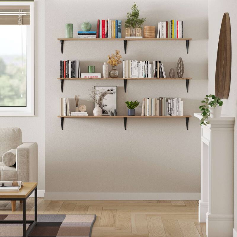 Wallniture Arras 60" x 8" Wall Bookshelves, Floating Shelf for Living Room and Kitchen Decor, Farmhouse & Rustic, Burnt, 3 Pcs - Brown