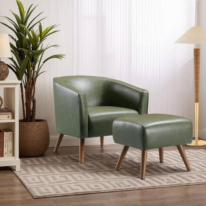 Accent Chair with Ottoman,Modern Barrel Chair and Footrest,Mid Century Living Room Chairs,Upholstered Armchair - Green