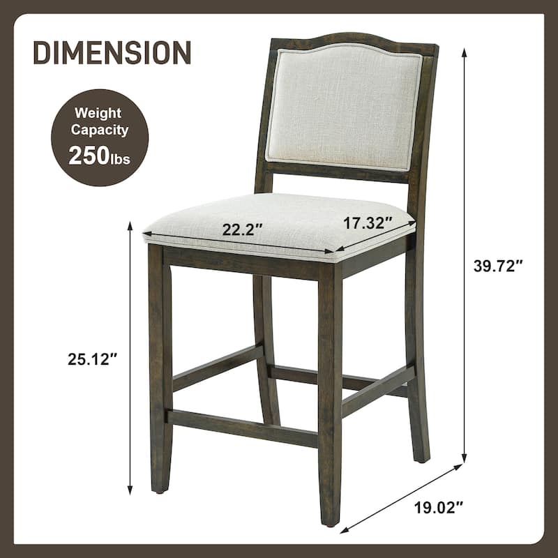 Counter Height Bar Stools Set of 2, Armless Bar Chair with Ergonomic Backrest and Rubber Wood Frame for Kitchen Island