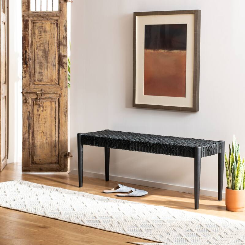SAFAVIEH Mahalia Bandelier Wood & Leather Bench - 47" W x 16" D x 19" H - 47Wx16Dx19H - Black/Black Leather