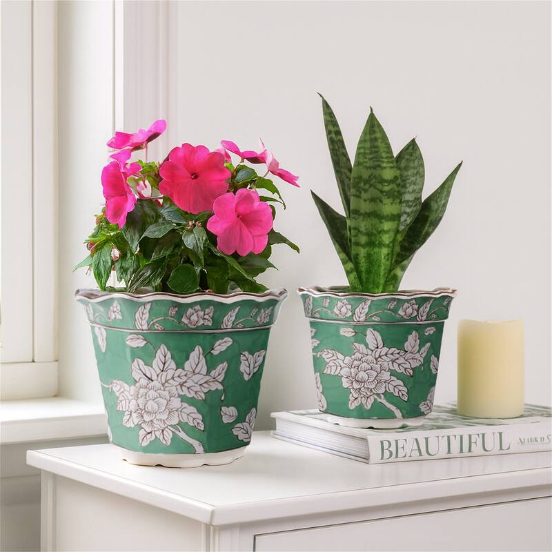 Ceramic Planters With Floral Embossing - Set of 2, Green