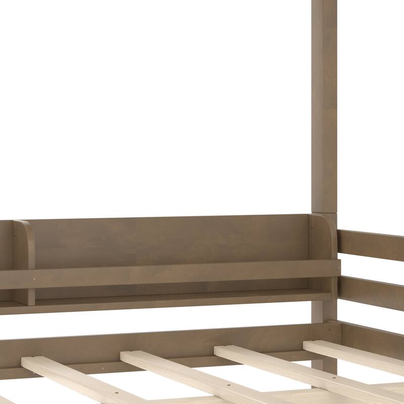 Full Bunk Bed With Storage Shelf and Bookshelf,Wood Bunk Bed with Ladder and Guardrails,Detachable Design