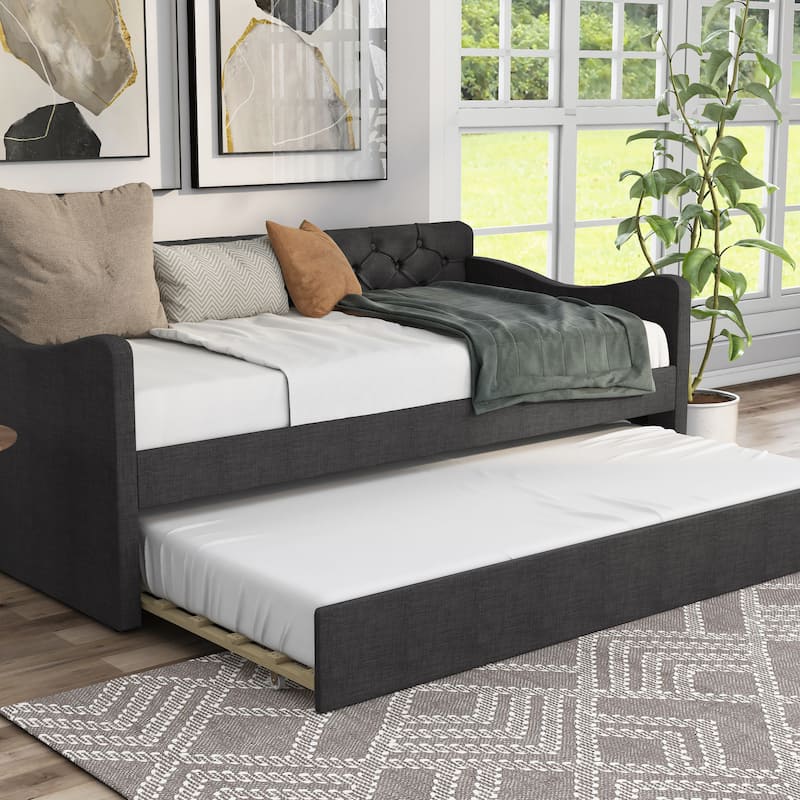 Exodel Contemporary Twin Upholstered Tufted Day Bed with Trundle by Furniture of America