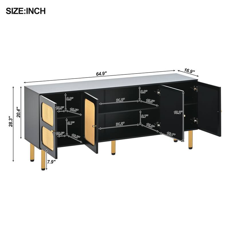 ON-TREND Boho style TV Stand with Rattan Door