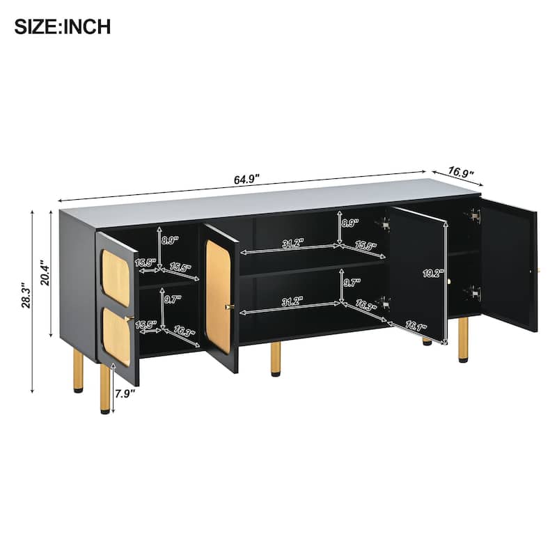 Rattan TV Stand for TVs Up to 70", Wood Media Console Table with 3 Cabinets, TV Media Storage Cabinet for Living Room
