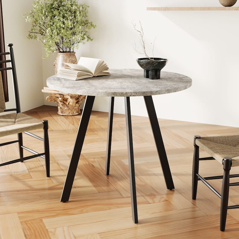 Round Dining Table with Cement Texture Top and Triangular Iron Bracket - Gray
