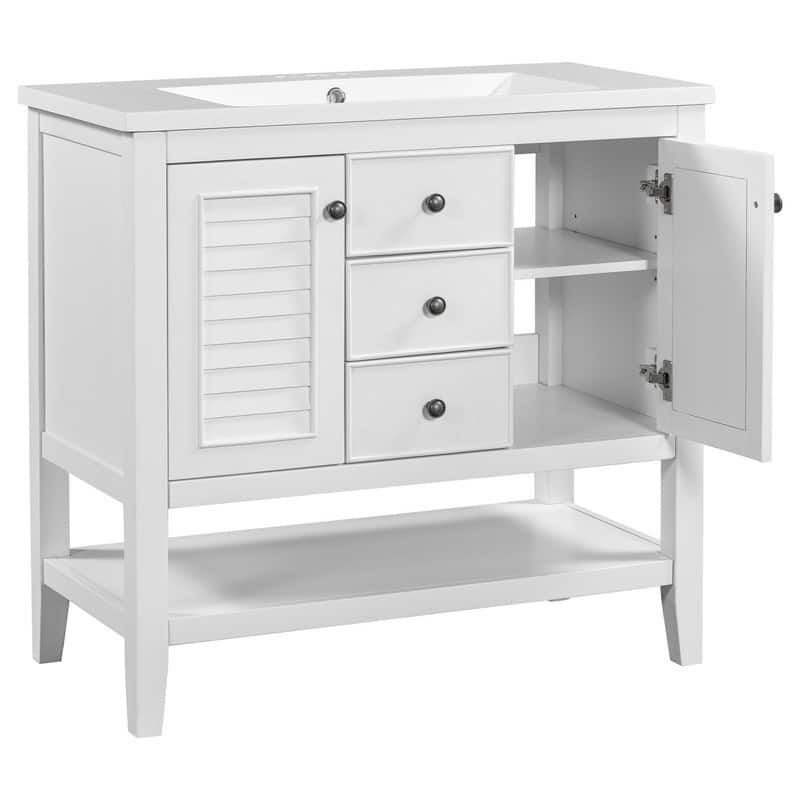 36" Bathroom Vanity with/without Sink, Bathroom Vanity Cabinet with 2 Cabinets and Drawers, Open Shelf, Solid Wood Frame