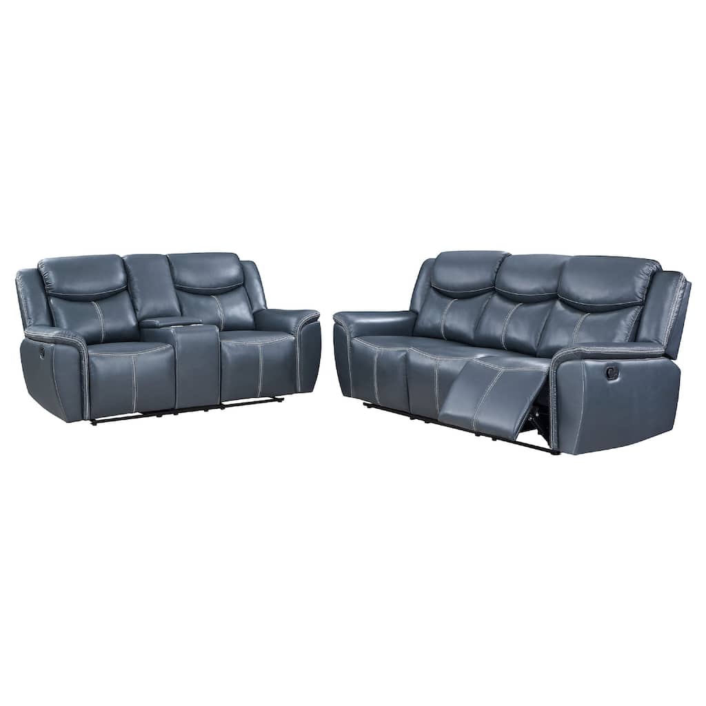 Eleni 2pc Power Reclining Sofa and Loveseat Set, Blue Faux Leather
