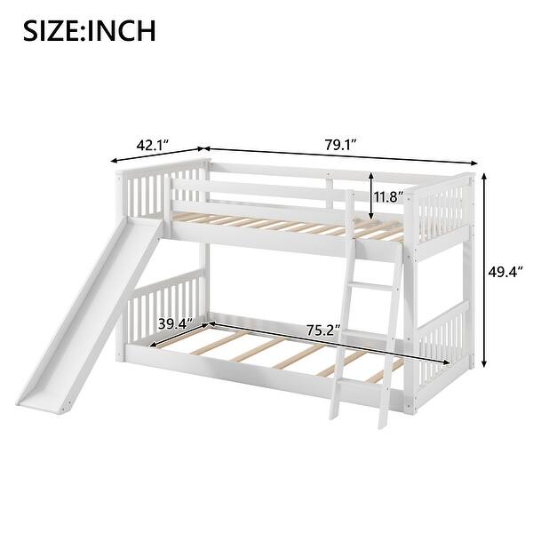 dimension image slide 0 of 2, Twin Over Twin Floor Bunk Bed with Convertible Slide&Ladder, Wooden Low Bunk Bed Frame for Kids Girls Boys, No Box Spring Needed