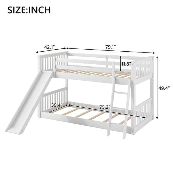 dimension image slide 1 of 2, Twin over Twin Bunk Bed with Convertible Slide and Ladder, White