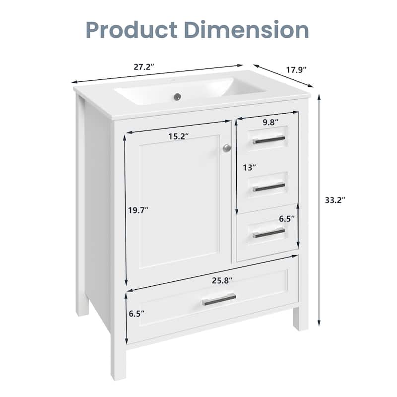 EROMMY All-in-One Bathroom Vanity with Ceramic Sink, Soft-Close Storage Cabinet & Drawer, Glossy Countertop, White