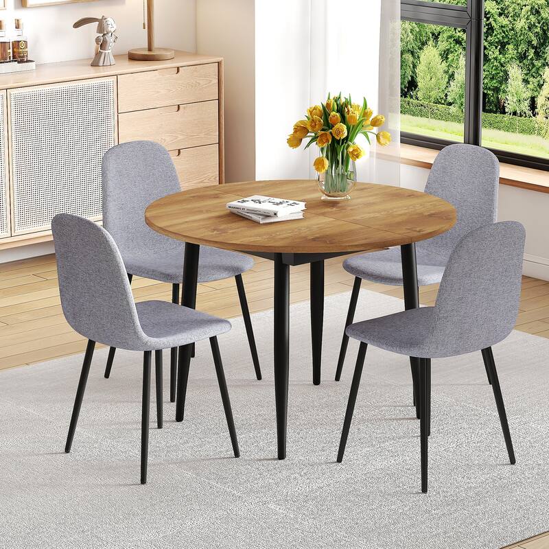 Wood Kitchen Table Set with 4 Chairs, 5-Piece Round Dining Set with Extendable Dining Table for Dining Room - Black,Light Gray,Wood