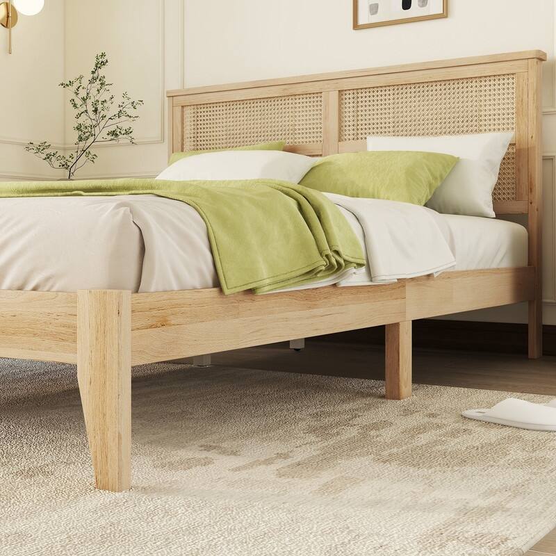 Spruce & Spring Queen Size Wood Platform Bed Frame with Rattan Headboard