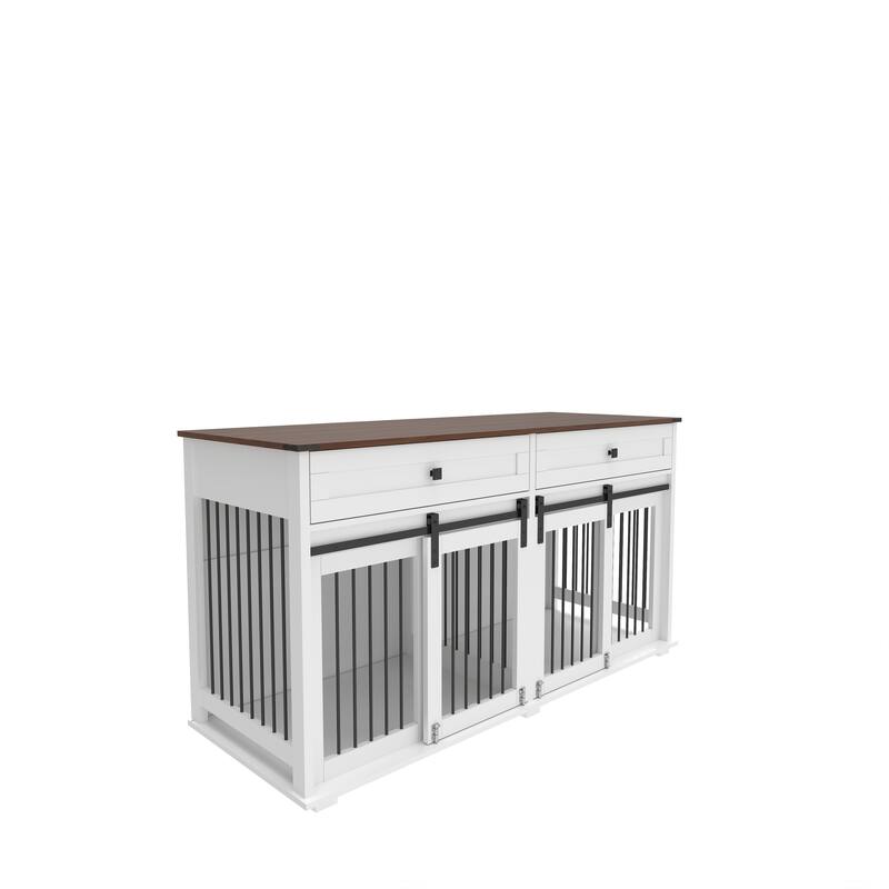 63"Large Dog Crate for Double Dog,Wooden Dog Kennel with 2 Drawers,Divider and Sliding Door,Water Resistant Indoor Pets